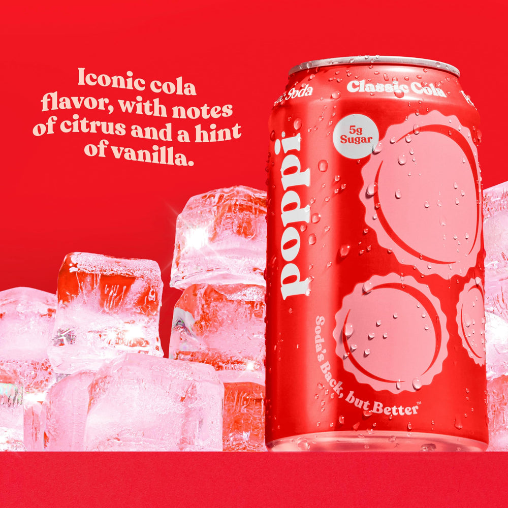 Poppi Prebiotic Soda bottle highlights natural ingredients and cassava fiber
