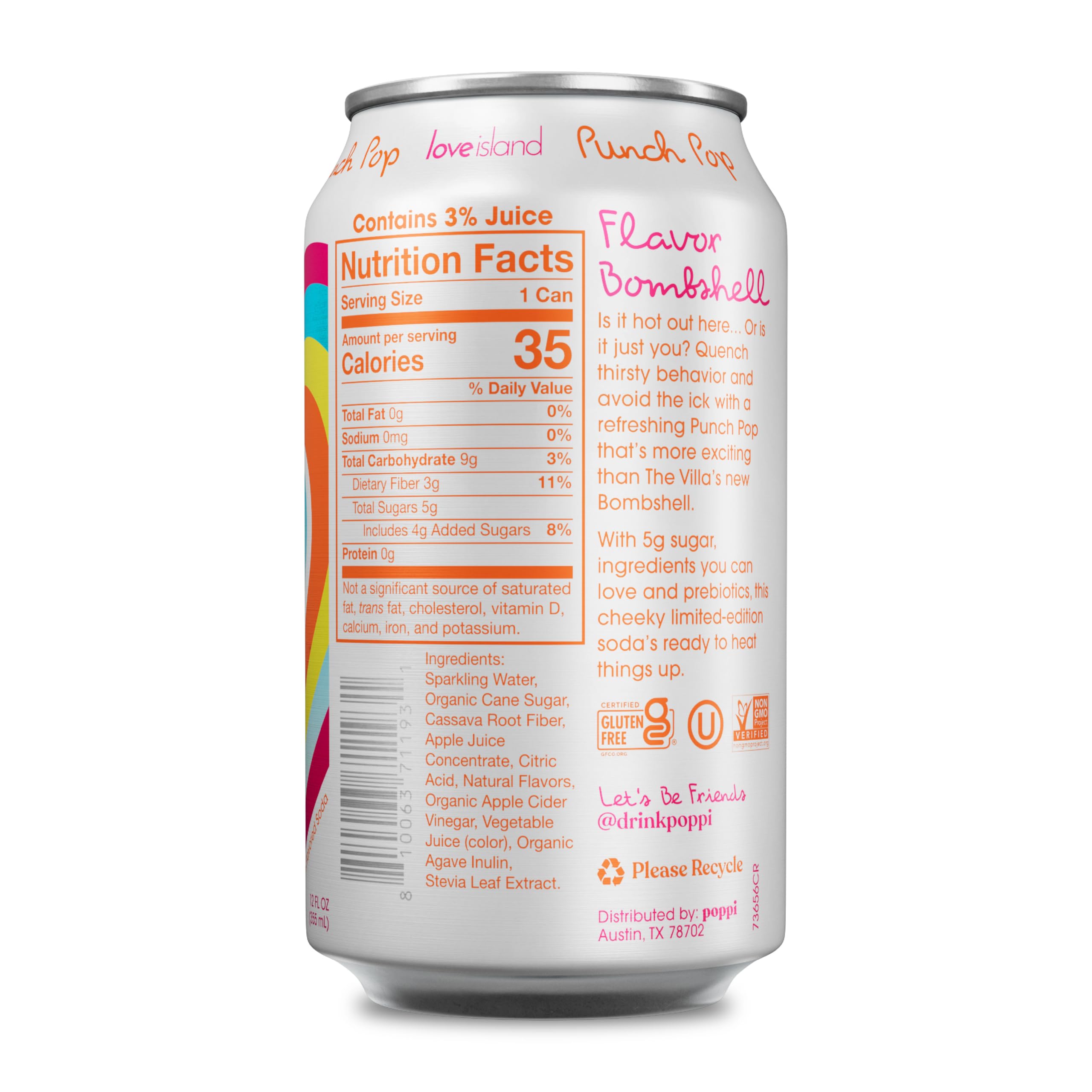poppi punch pop open can with rising bubbles, sparkling fizz for lively taste