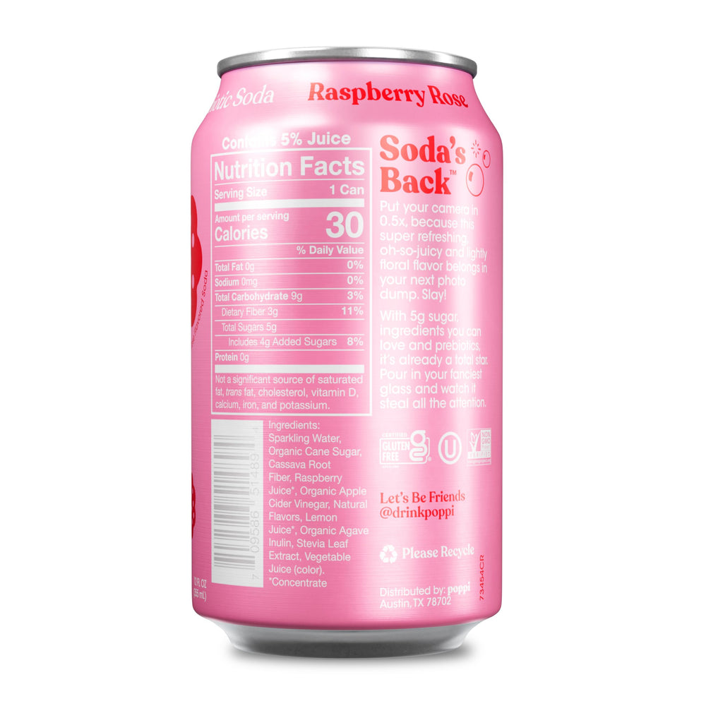 Poppi Raspberry Rose glass view, sparkling drink suited for everyday refreshment and mixers.