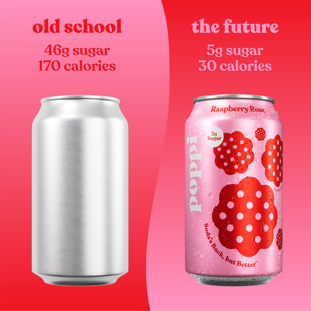 Poppi Raspberry Rose ingredients close-up, featuring agave inulin and cassava fiber prebiotics.