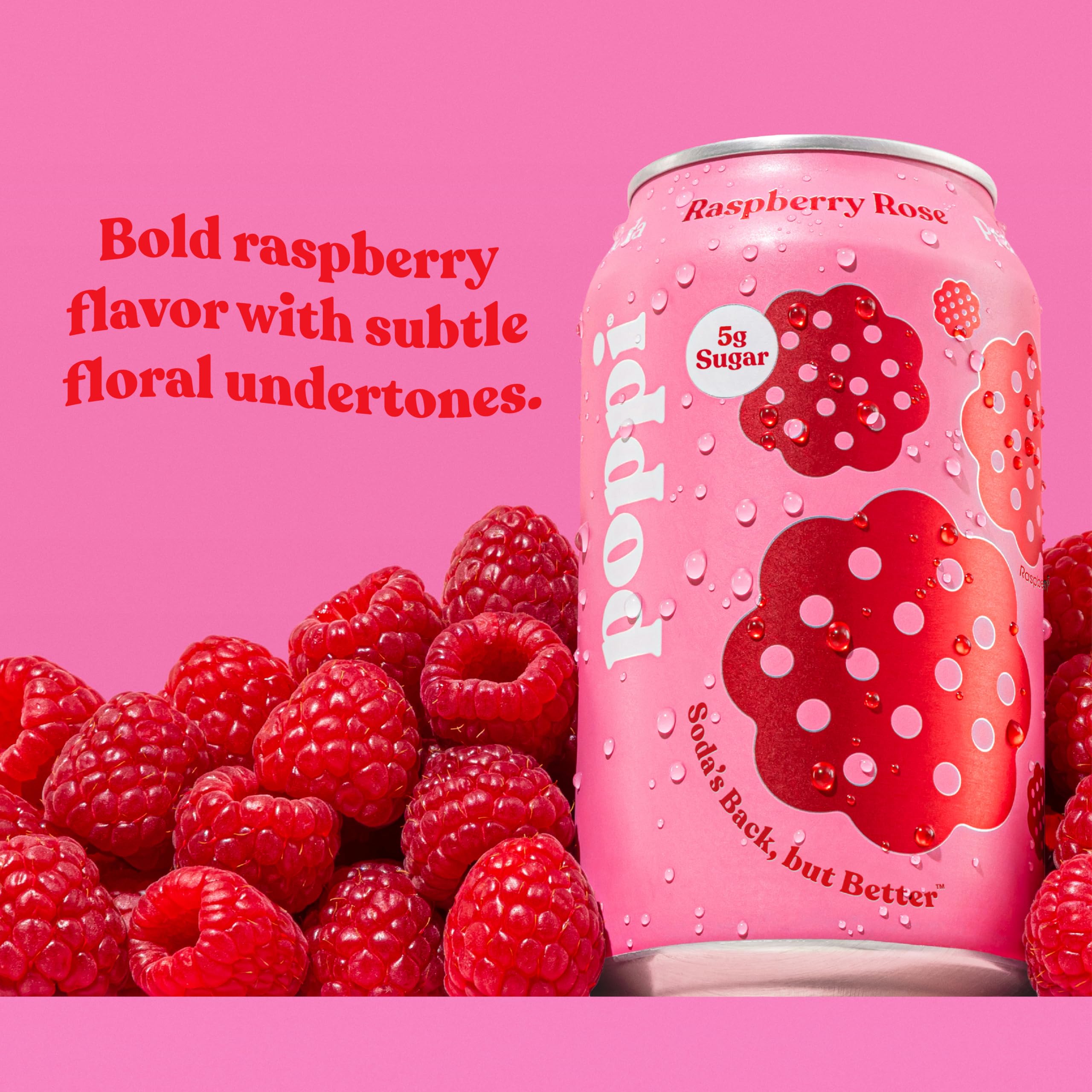 Poppi Raspberry Rose label detail, highlighting ingredients for flavorful, low-sugar sipping.