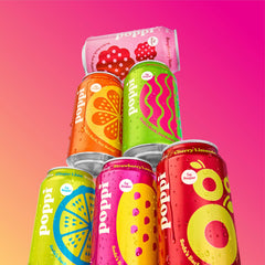 Poppi raspberry-rose pour shot highlights a vibrant, mixable drink.