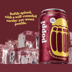 Close-up of Poppi Root Beer label highlights premium ingredients.