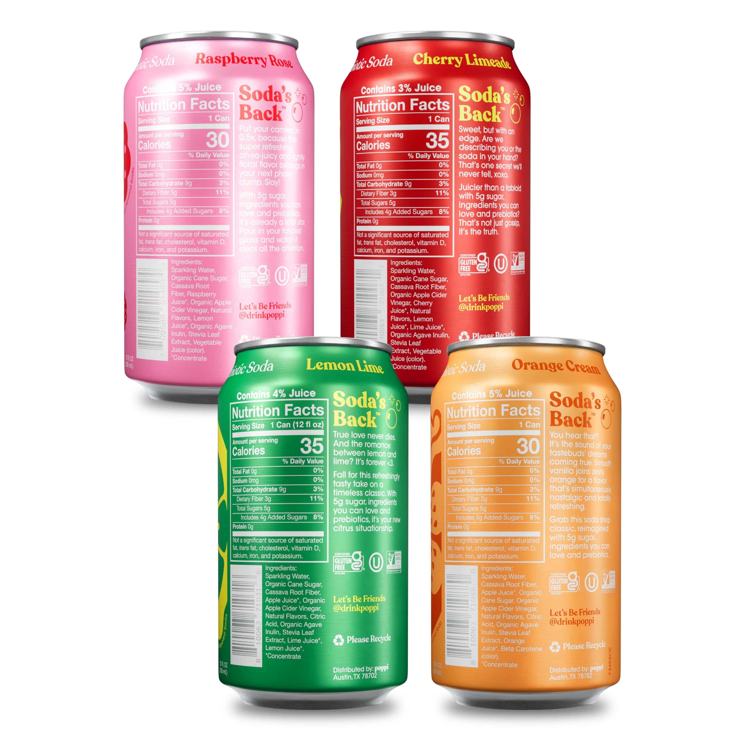 Poppi Sparkling Prebiotic Soda can close-up with vibrant colors and low sugar appeal.