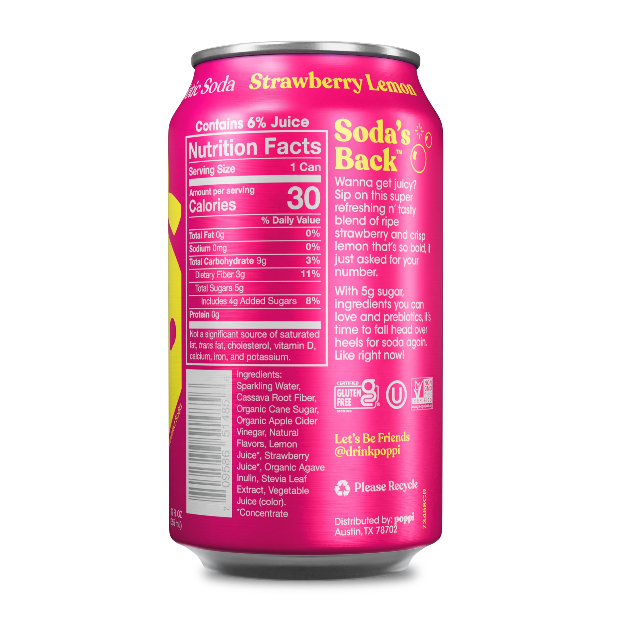 Poppi Sparkling Strawberry Lemon can is poured into a glass for a refreshing sip.