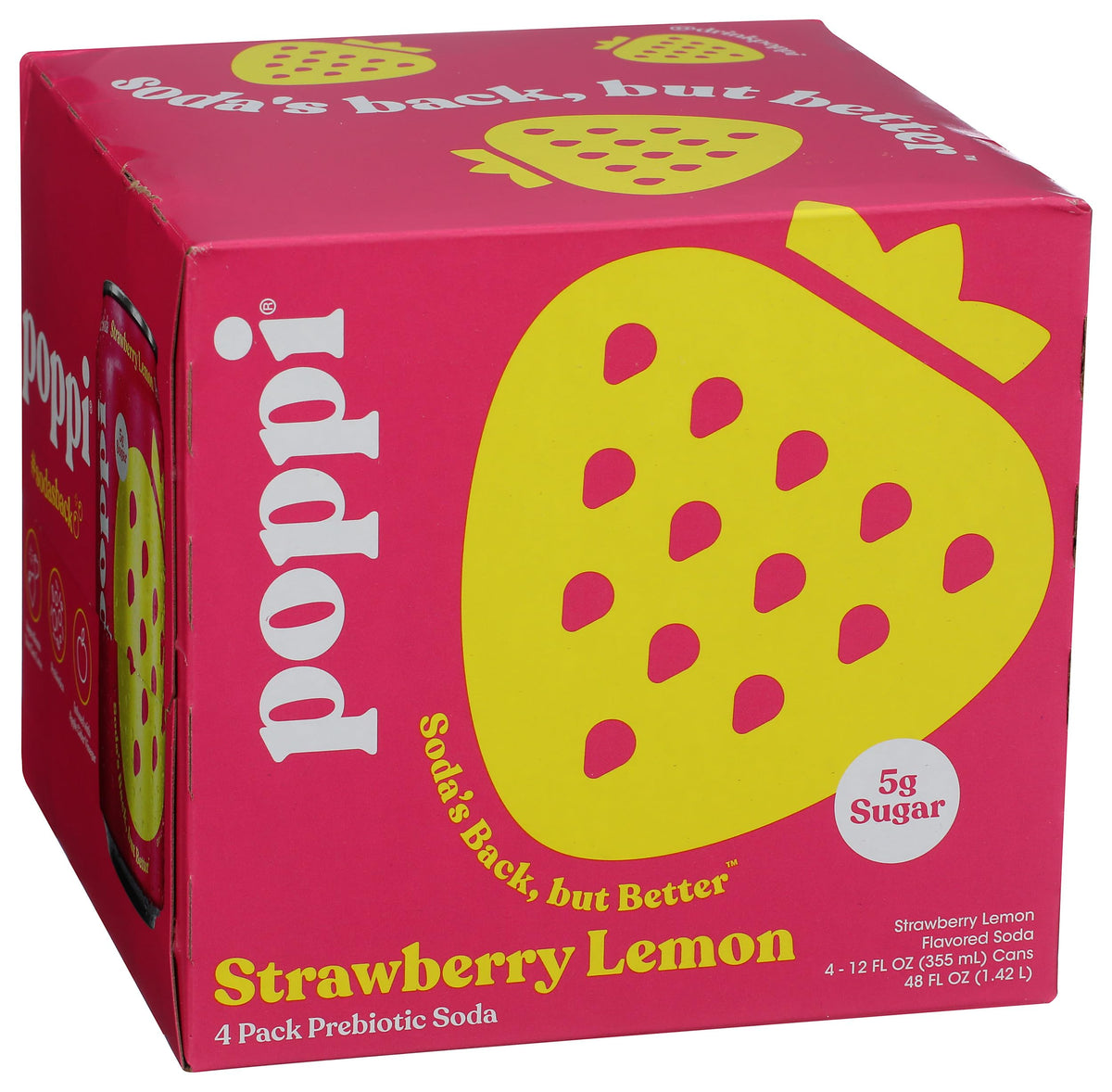 Poppi Strawberry Lemon bottle pour showing a refreshing prebiotic sip on the go.
