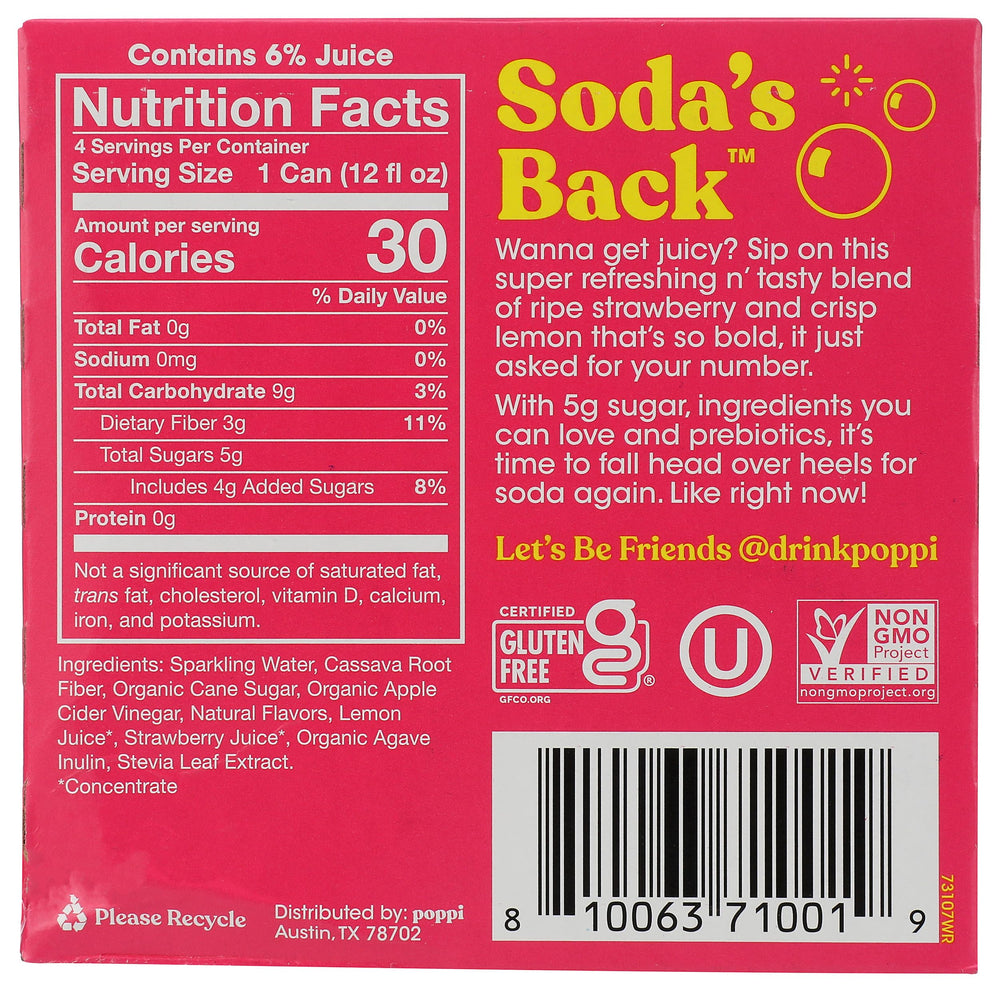 Poppi Strawberry Lemon can closeup highlighting clean ingredients for a low-sugar treat.