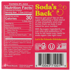 Poppi Strawberry Lemon can closeup highlighting clean ingredients for a low-sugar treat.