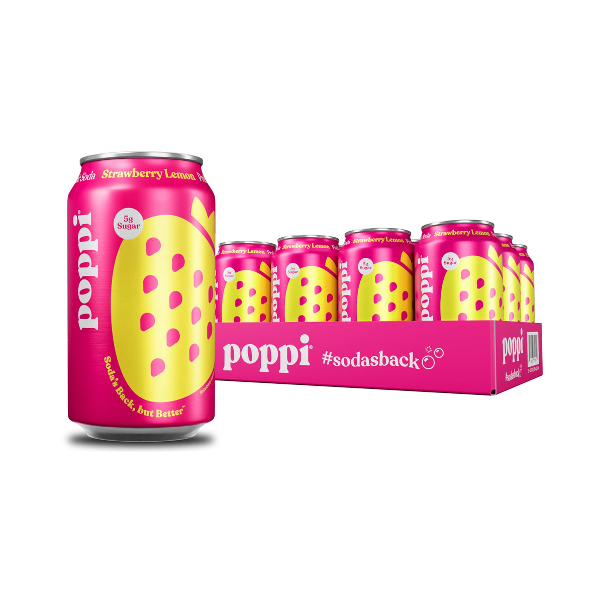 poppi front packaging showing 12-pack cans and brand for easy storage