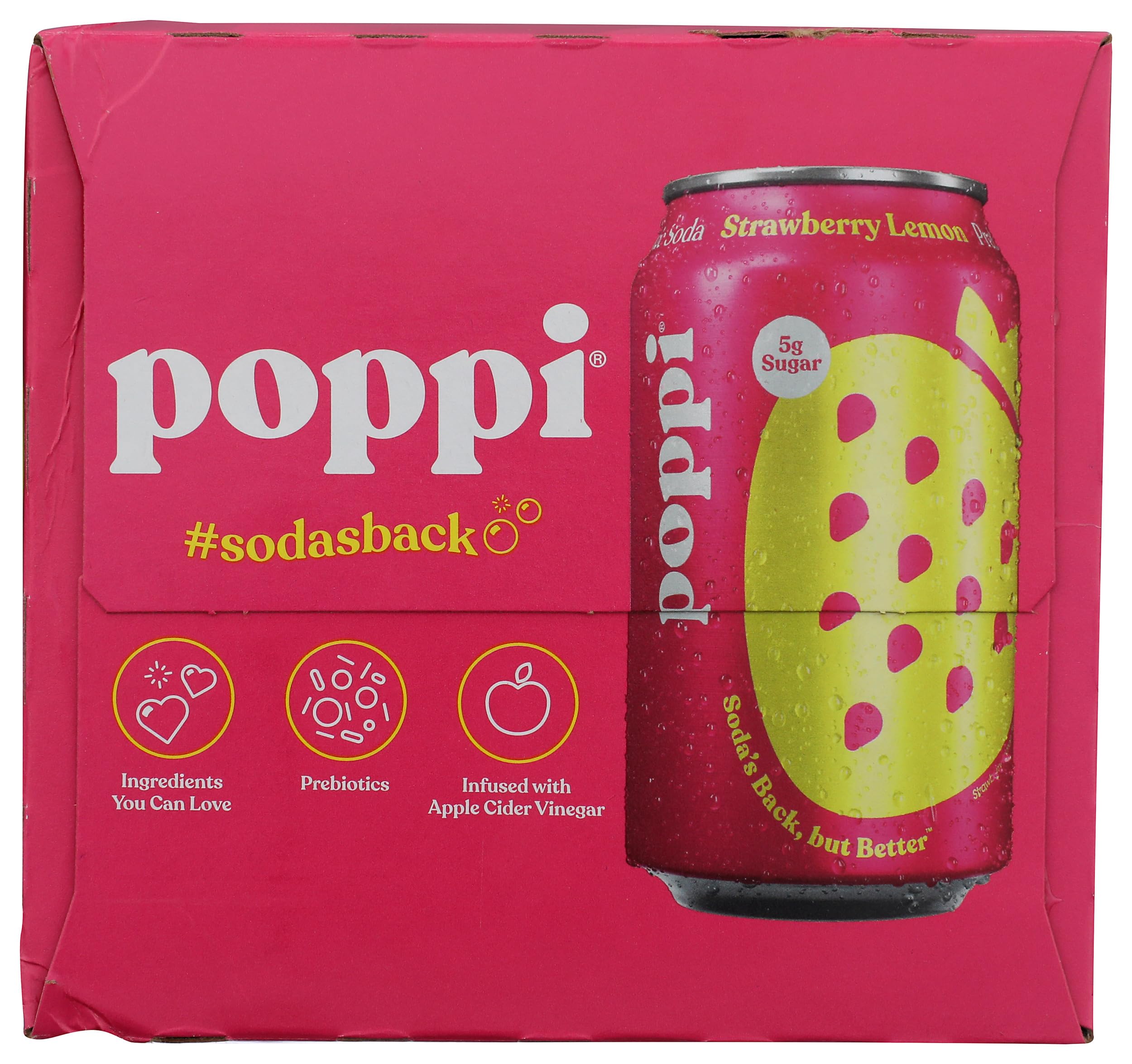 Poppi Strawberry Lemon label front showing bold flavor appeal and prebiotic benefits.