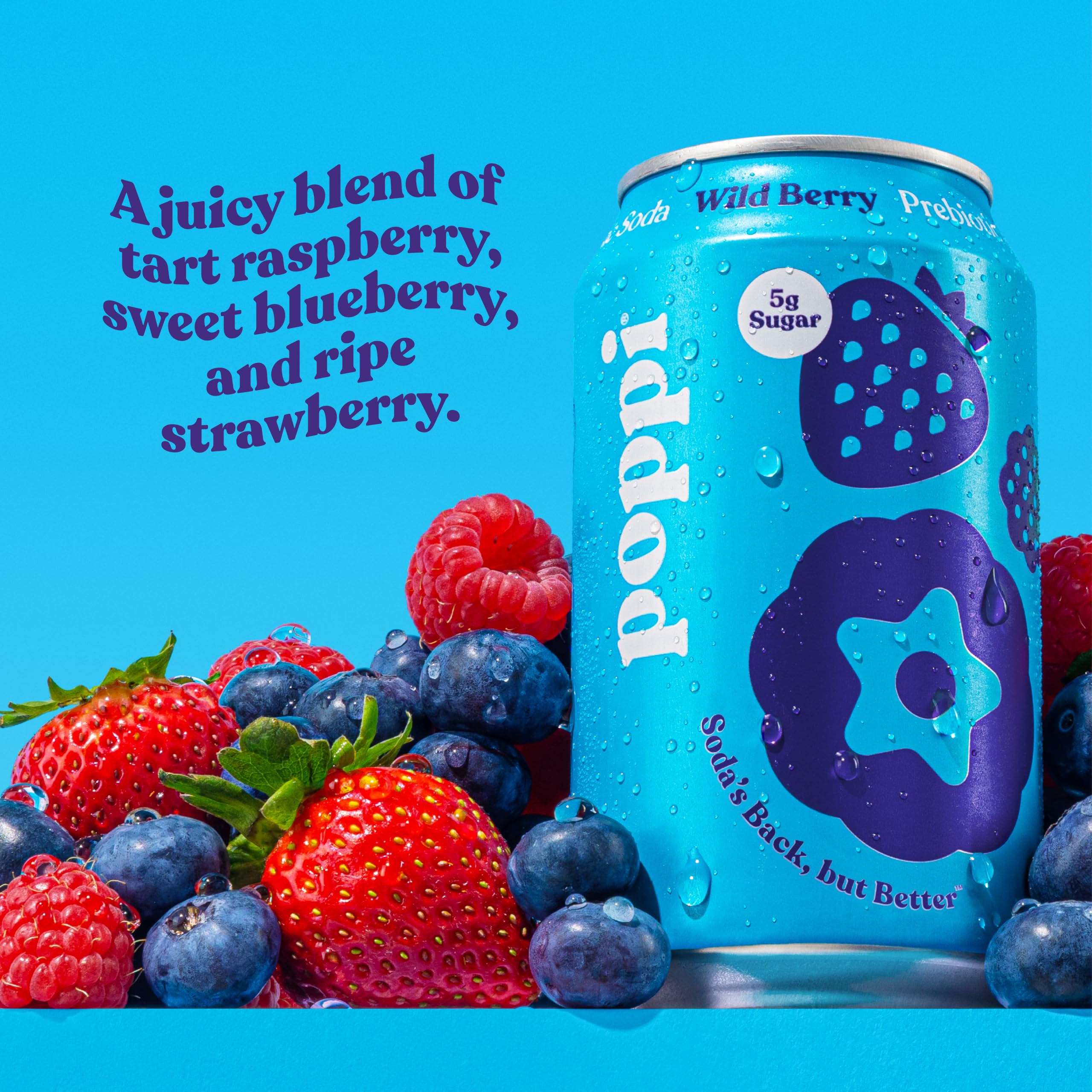 Poppi Wild Berry can close-up highlights portable prebiotic refreshment.