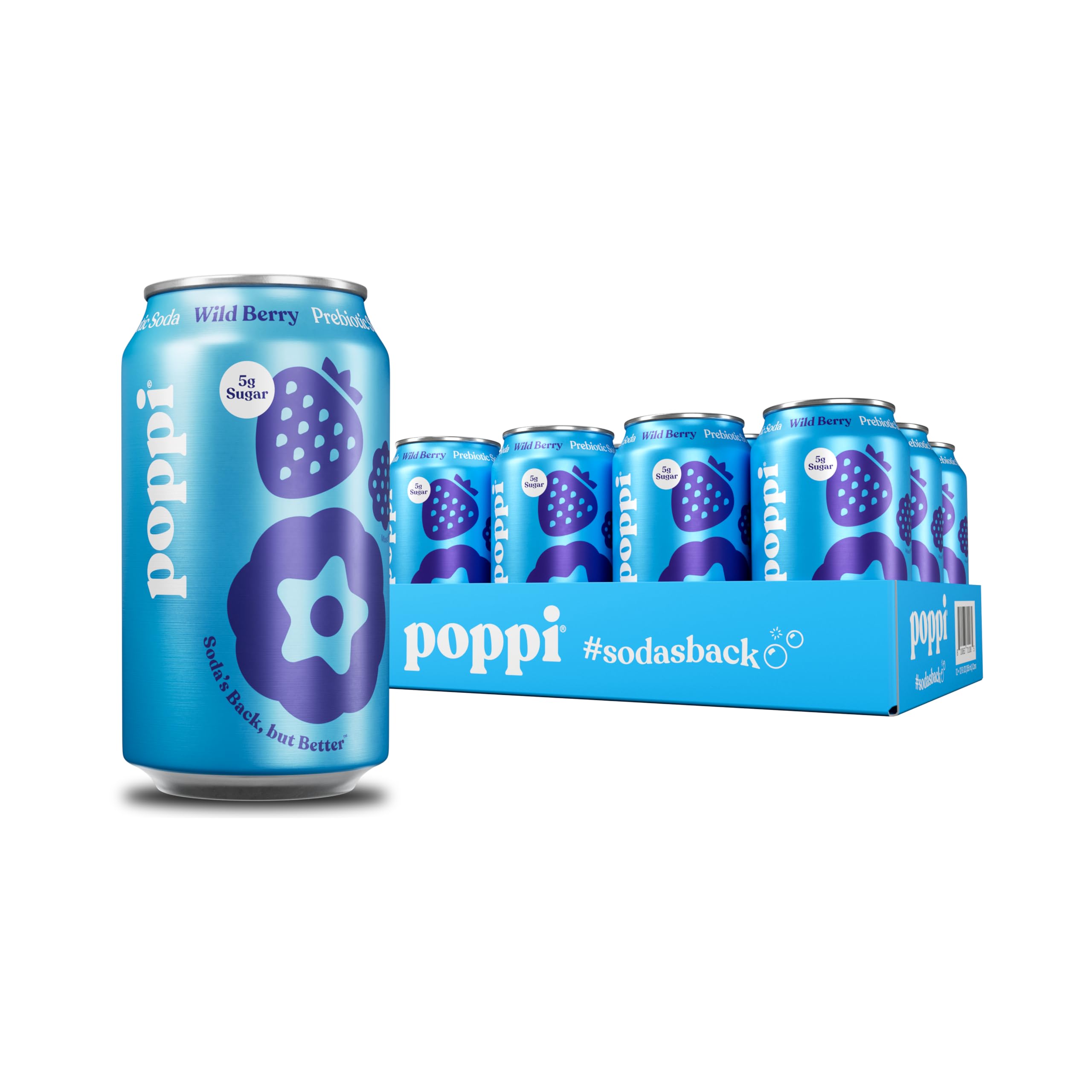 Poppi Wild Berry bottle shows a vibrant prebiotic soda for a refreshing break.