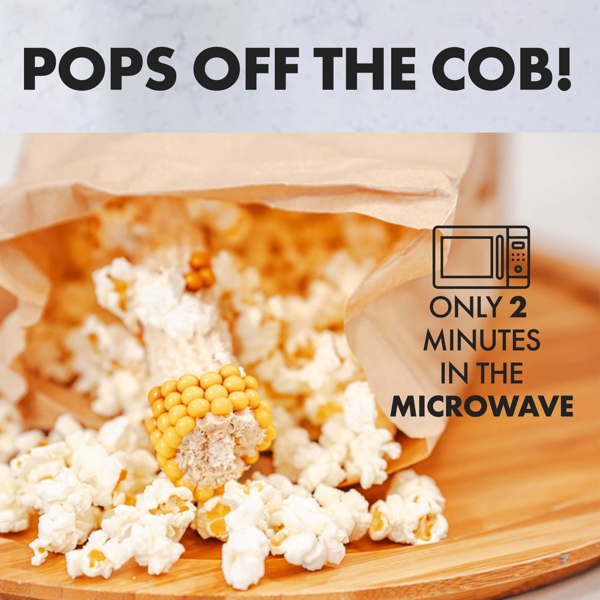 Poppin Cobs on-the-cob with included bag for simple microwave preparation.