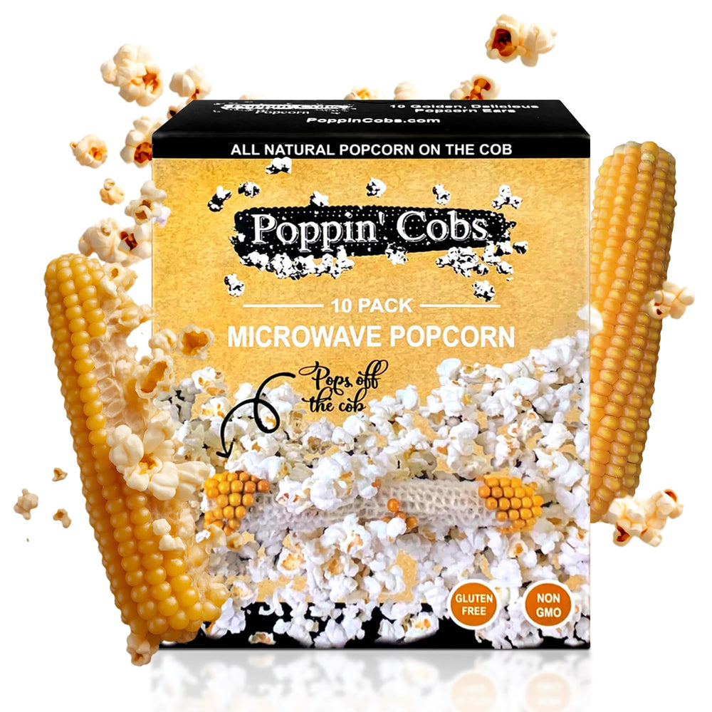 Poppin Cobs original 10-pack packaging showing ready-to-serve popcorn on the cob.
