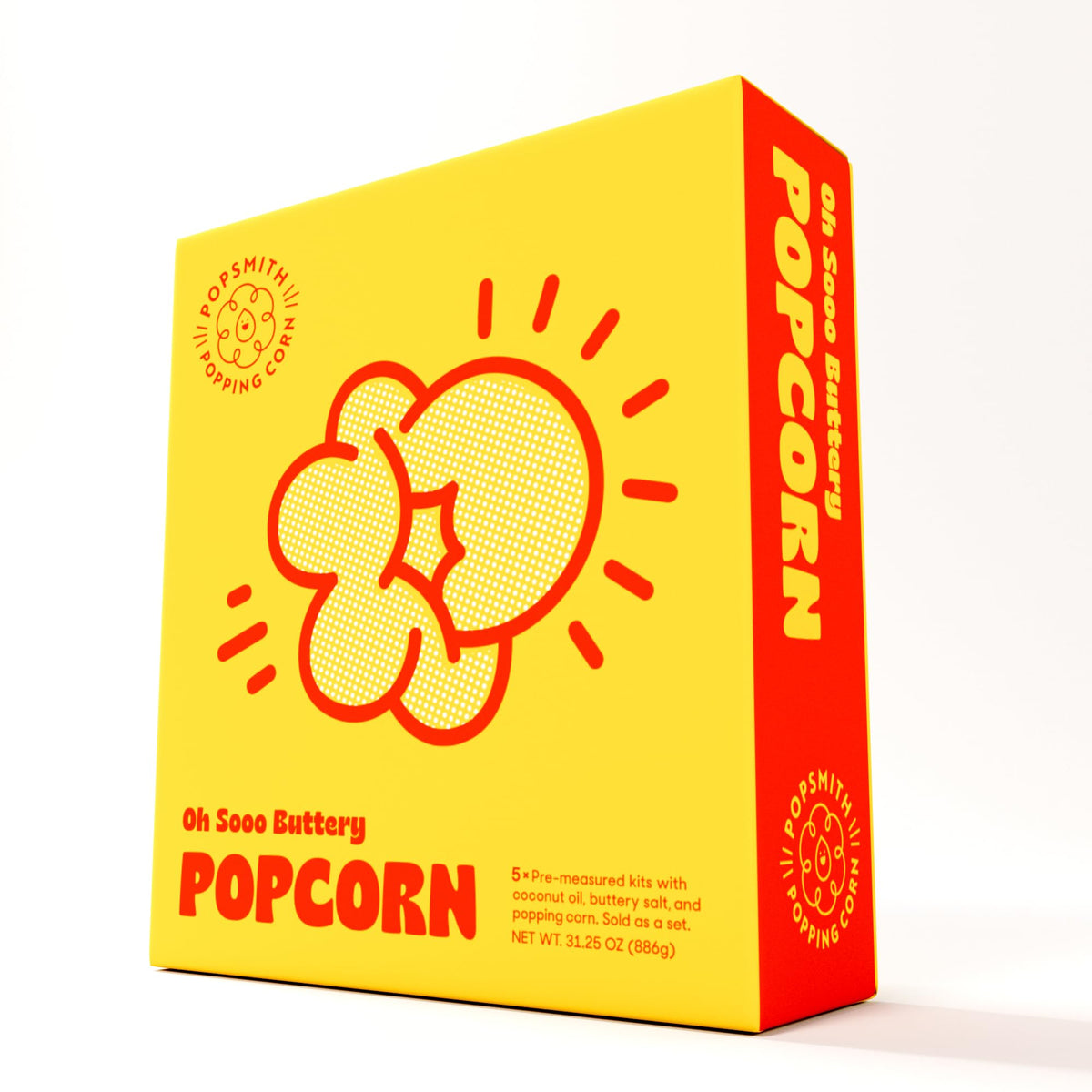 POPSMITH Oh Sooo Buttery Popcorn Kit box for movie night, rich cinema flavor.