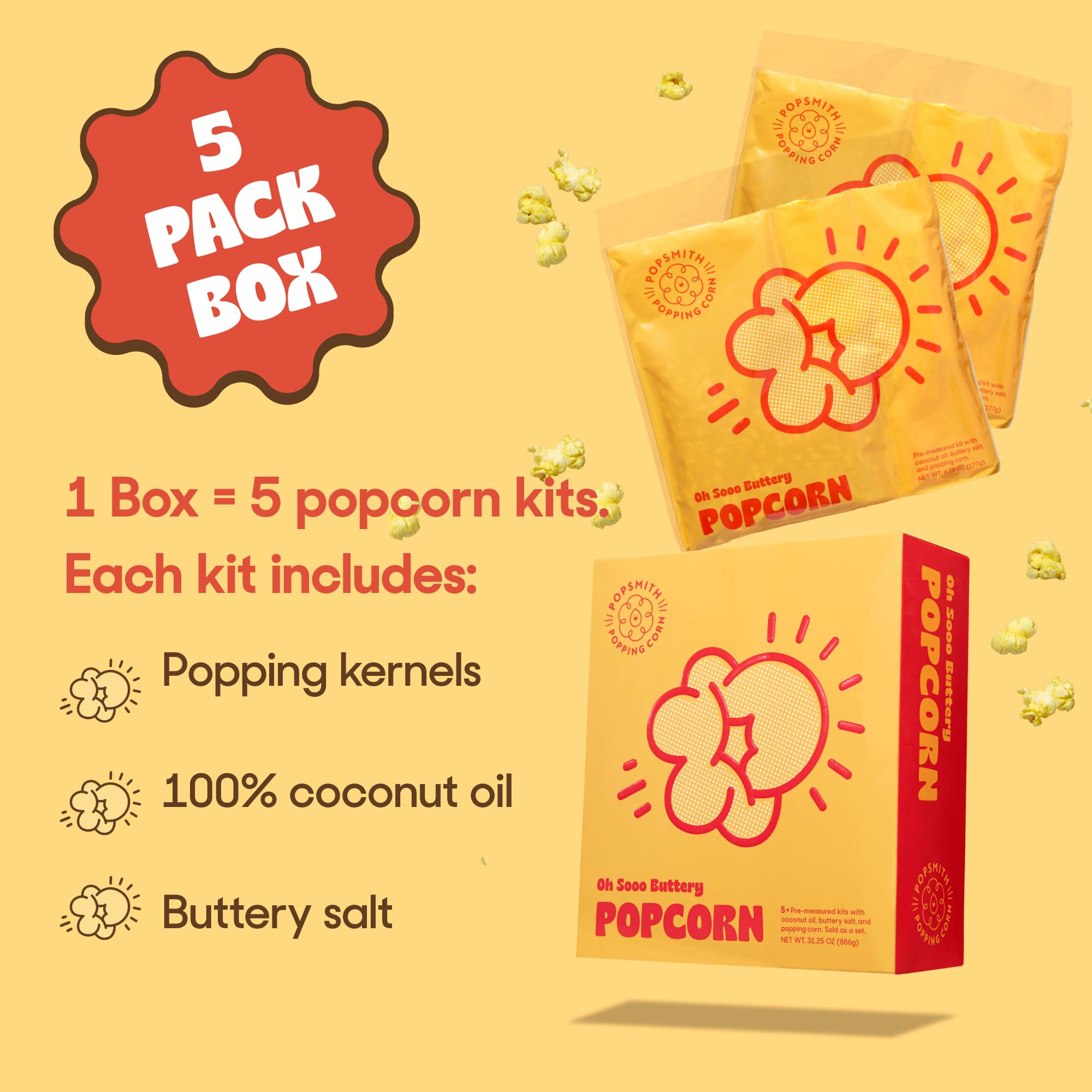 POPSMITH Pre-measured kernels and oil bag displayed for simple prep.