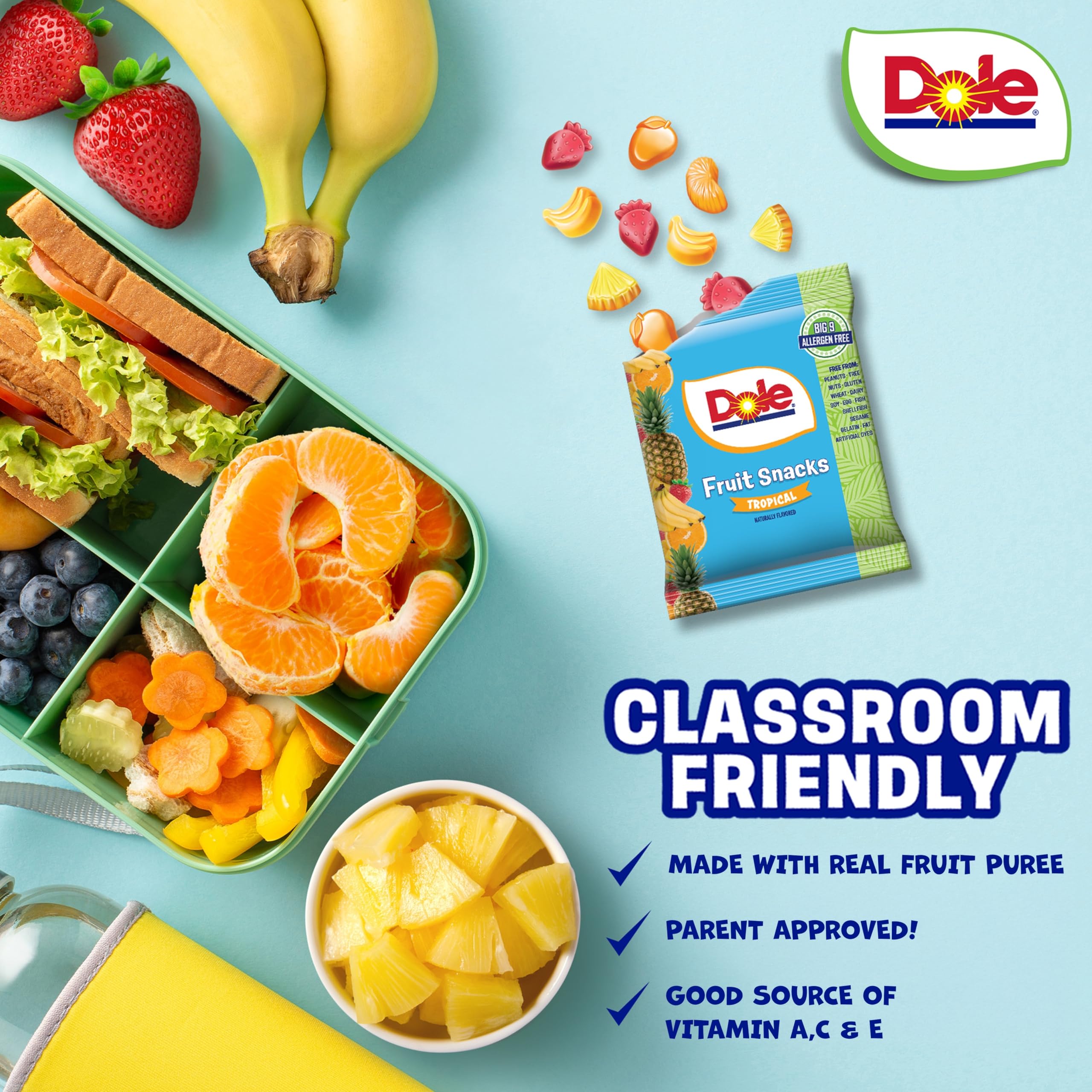 POPUPS! LOLLIPOP Dole fruit snacks allergen-free bag for safe classroom snacking.