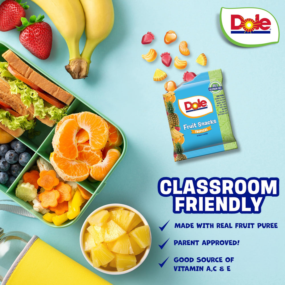 POPUPS! LOLLIPOP Dole fruit snacks allergen-free bag for safe classroom snacking.