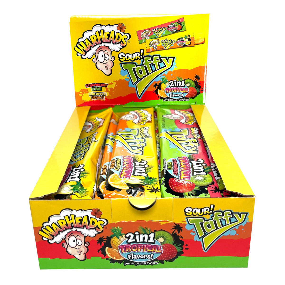 WARHEADS tropical sour taffy box front showing bold flavors