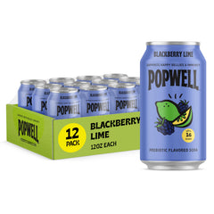 Popwell Blackberry Lime can front view, bold flavor and fiber-packed refreshment.
