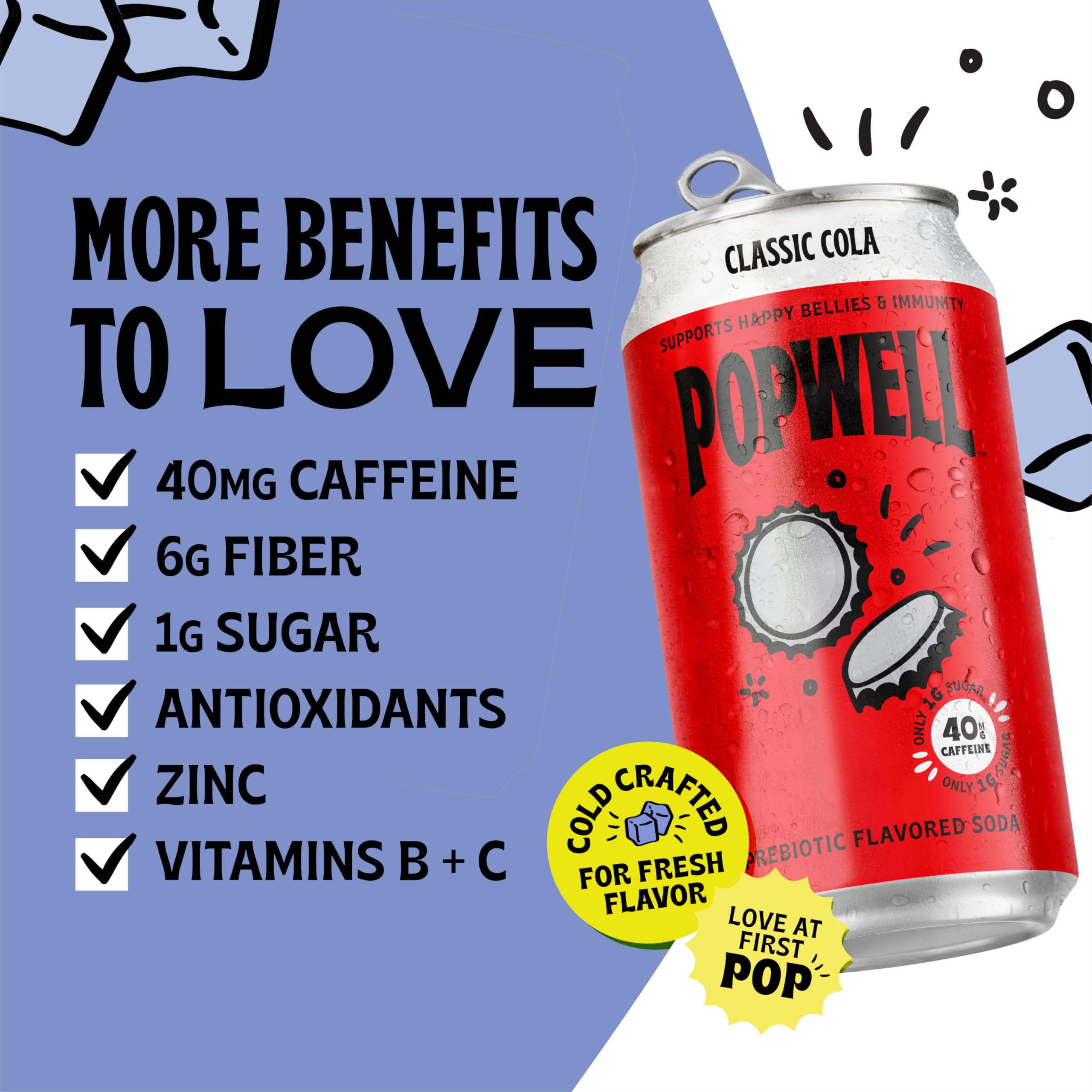 Popwell Classic Cola label front displaying vitamins and antioxidants