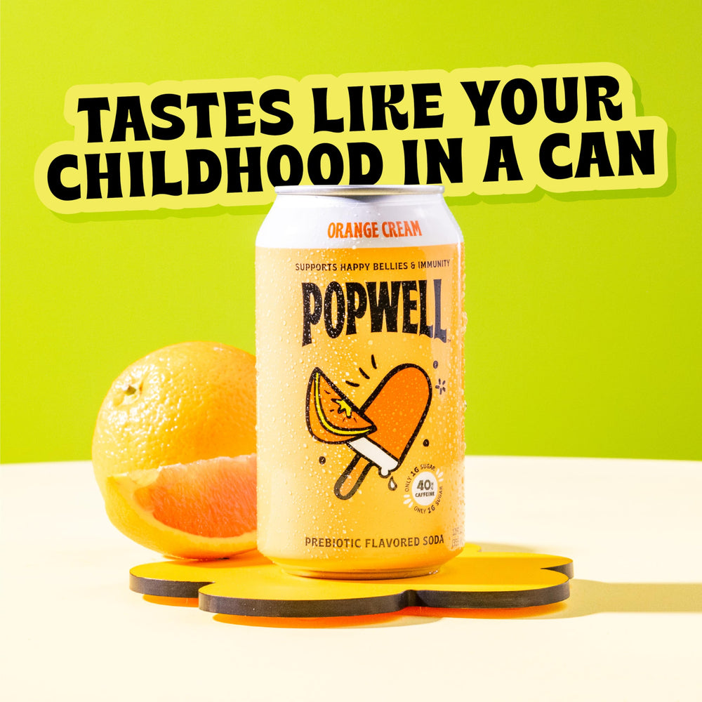 12-pack display of Popwell Orange Cream for on-the-go refreshment.