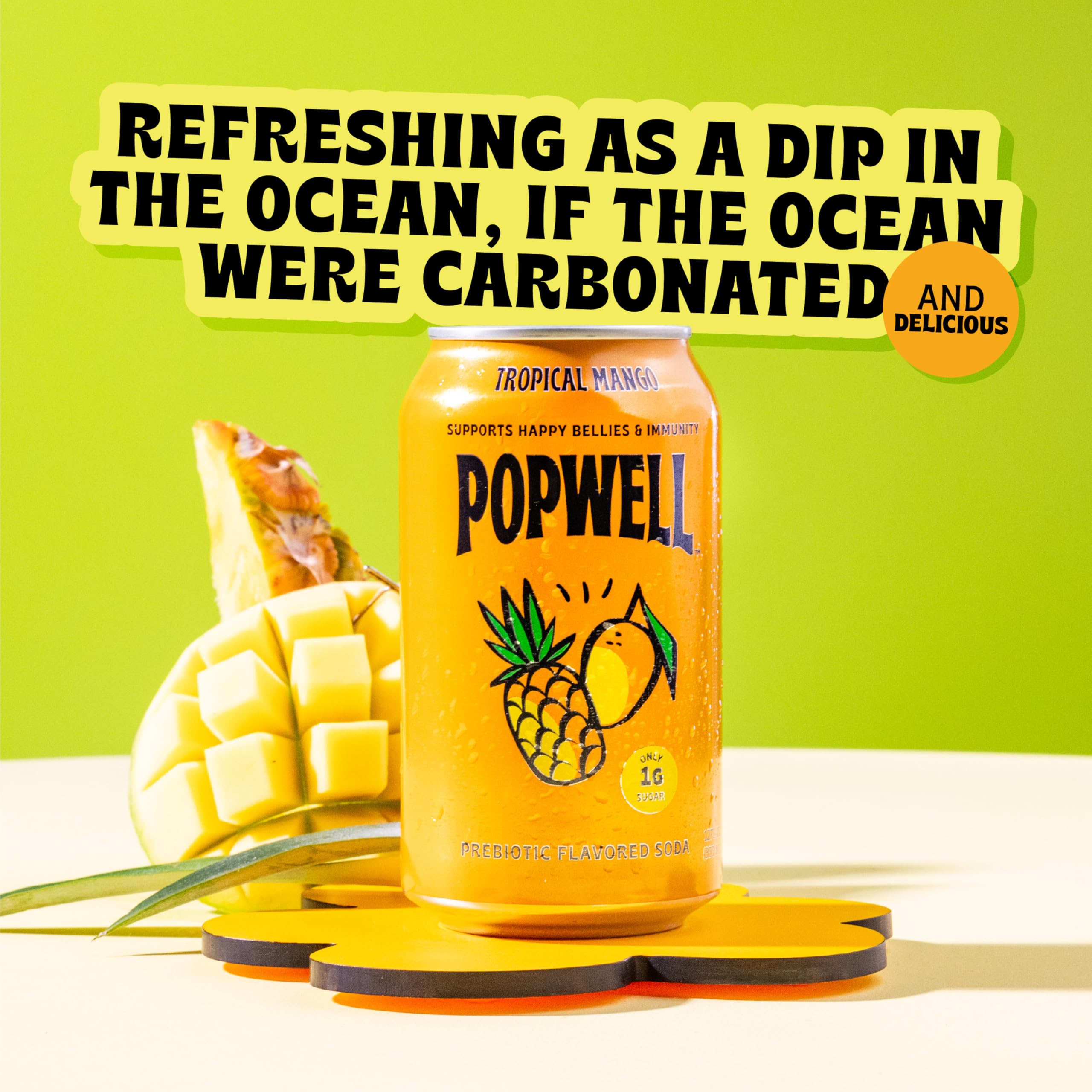 Close-up of Popwell Tropical Mango can showcasing crisp, fruity flavor.