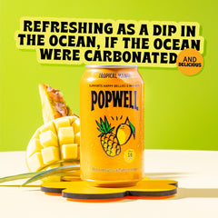 Close-up of Popwell Tropical Mango can showcasing crisp, fruity flavor.