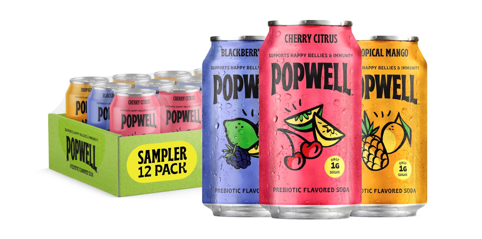 Popwell Blackberry Lime can showing bold flavor and 6g fiber per serving
