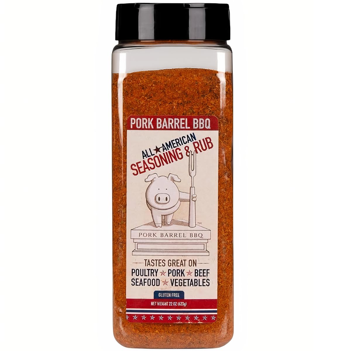 Pork Barrel BBQ All American Seasoning jar label showing versatile smoky flavor for meats
