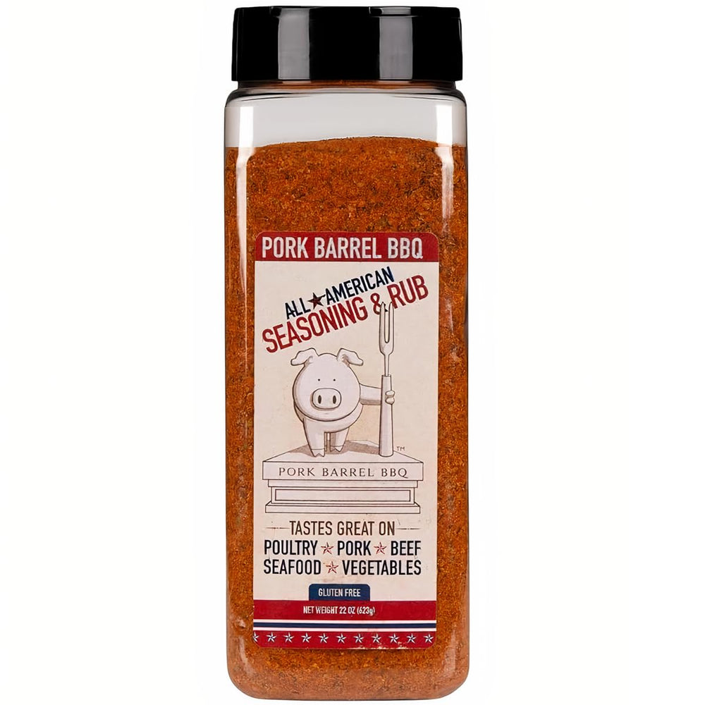 Pork Barrel BBQ All American Seasoning jar label showing versatile smoky flavor for meats