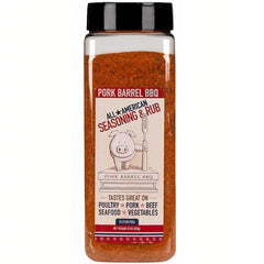 Pork Barrel BBQ All American Seasoning jar label showing versatile smoky flavor for meats
