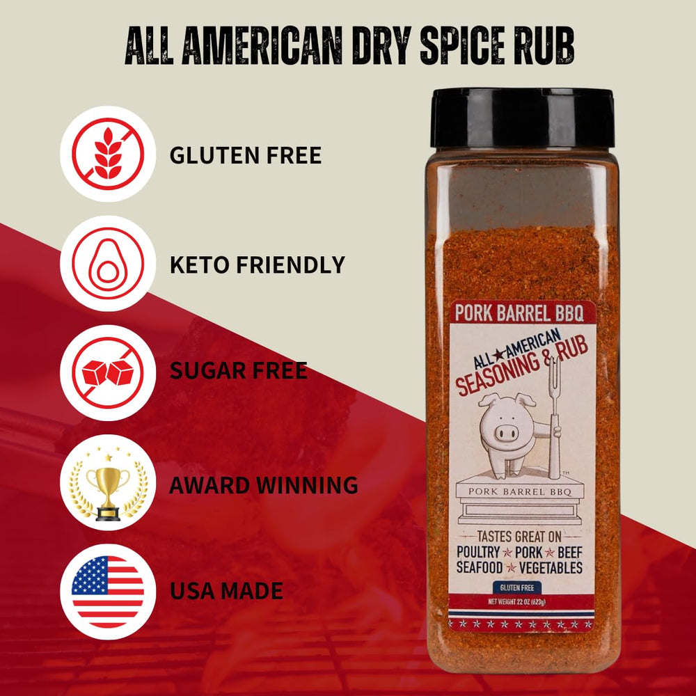Pork Barrel BBQ All American Seasoning bottle pouring for quick smoky flavor on any grill