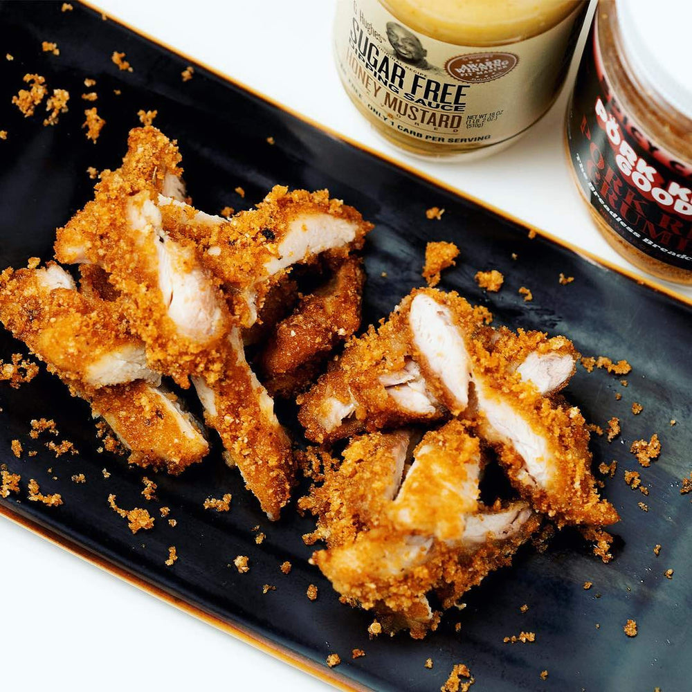 Chicken coated in Pork King Good crumbs for crispy breading