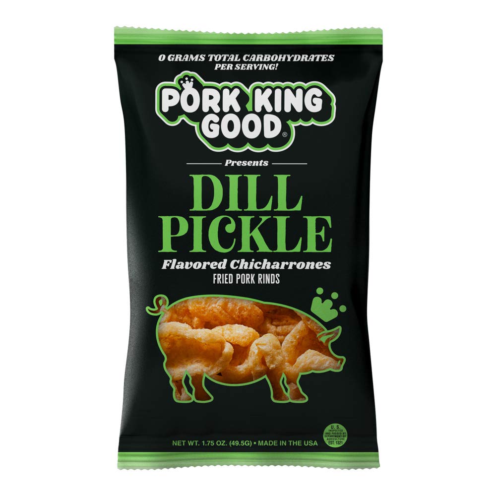 Pork King Good Dill Pickle Pork Rinds 4-pack, crispy keto-friendly snack.