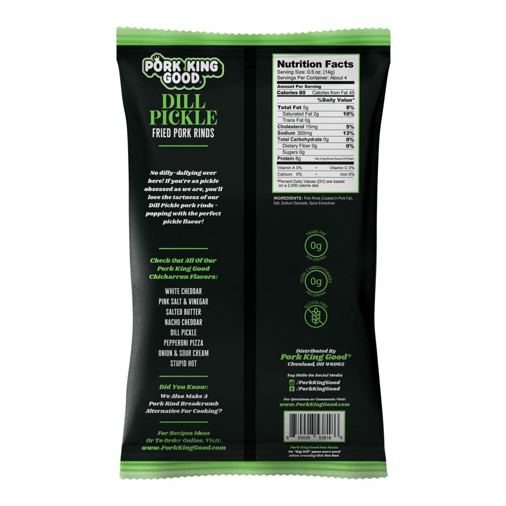 Pork King Good Dill Pickle Pork Rinds close-up, vibrant pickle flavor and crunch.