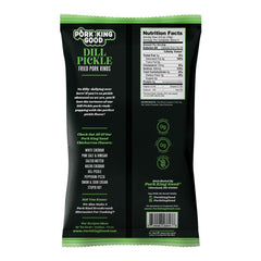 Pork King Good Dill Pickle Pork Rinds close-up, vibrant pickle flavor and crunch.