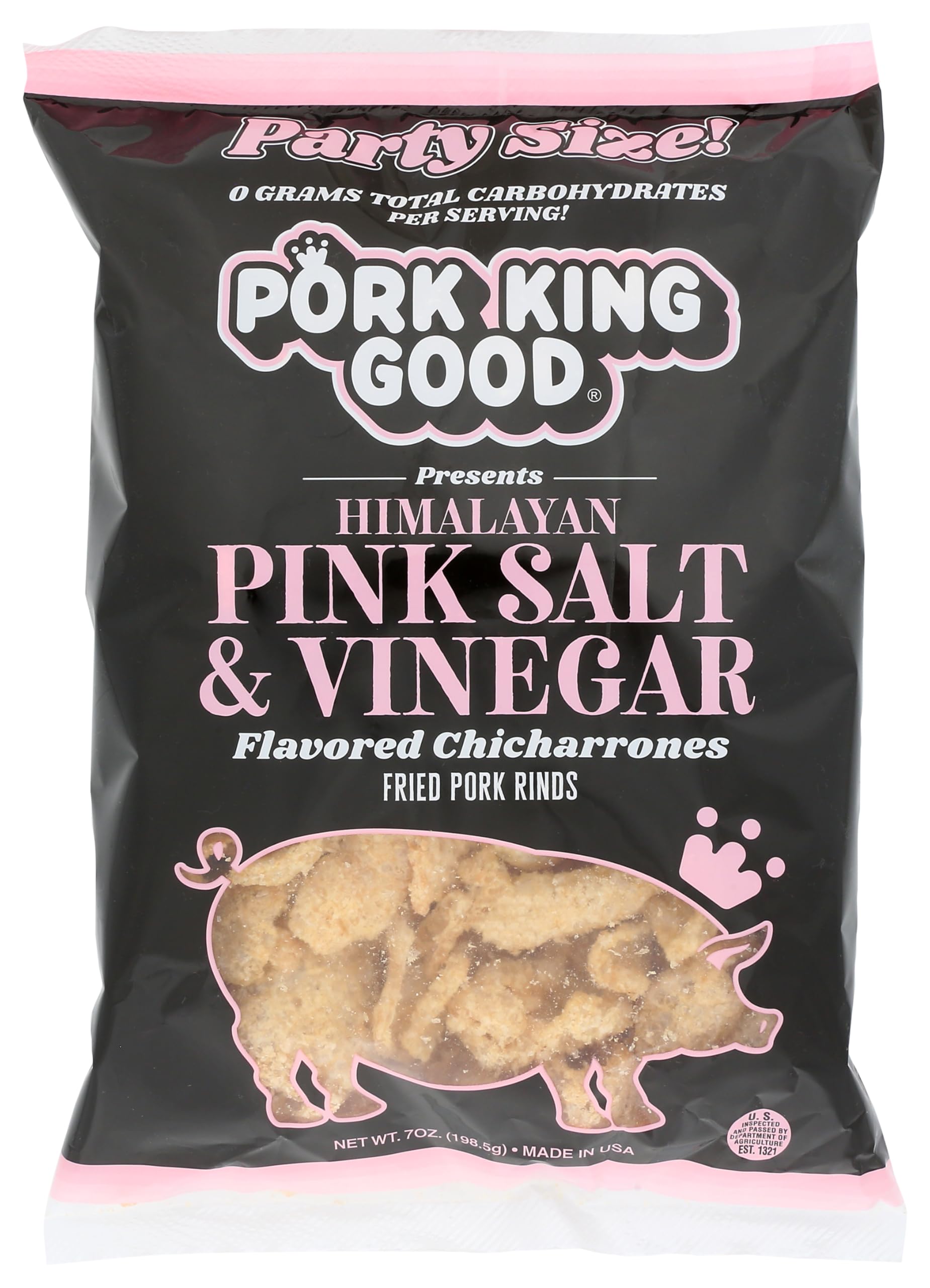 Pork King Good Himalayan Pink Salt & Vinegar pork rinds bag 7oz for keto snacking.