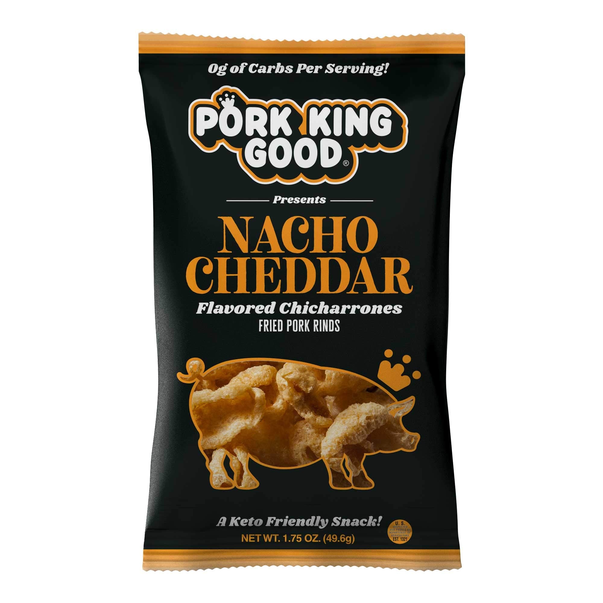 Pork King Good Nacho Cheddar pork rinds 4-pack, front view, zero carb snack.