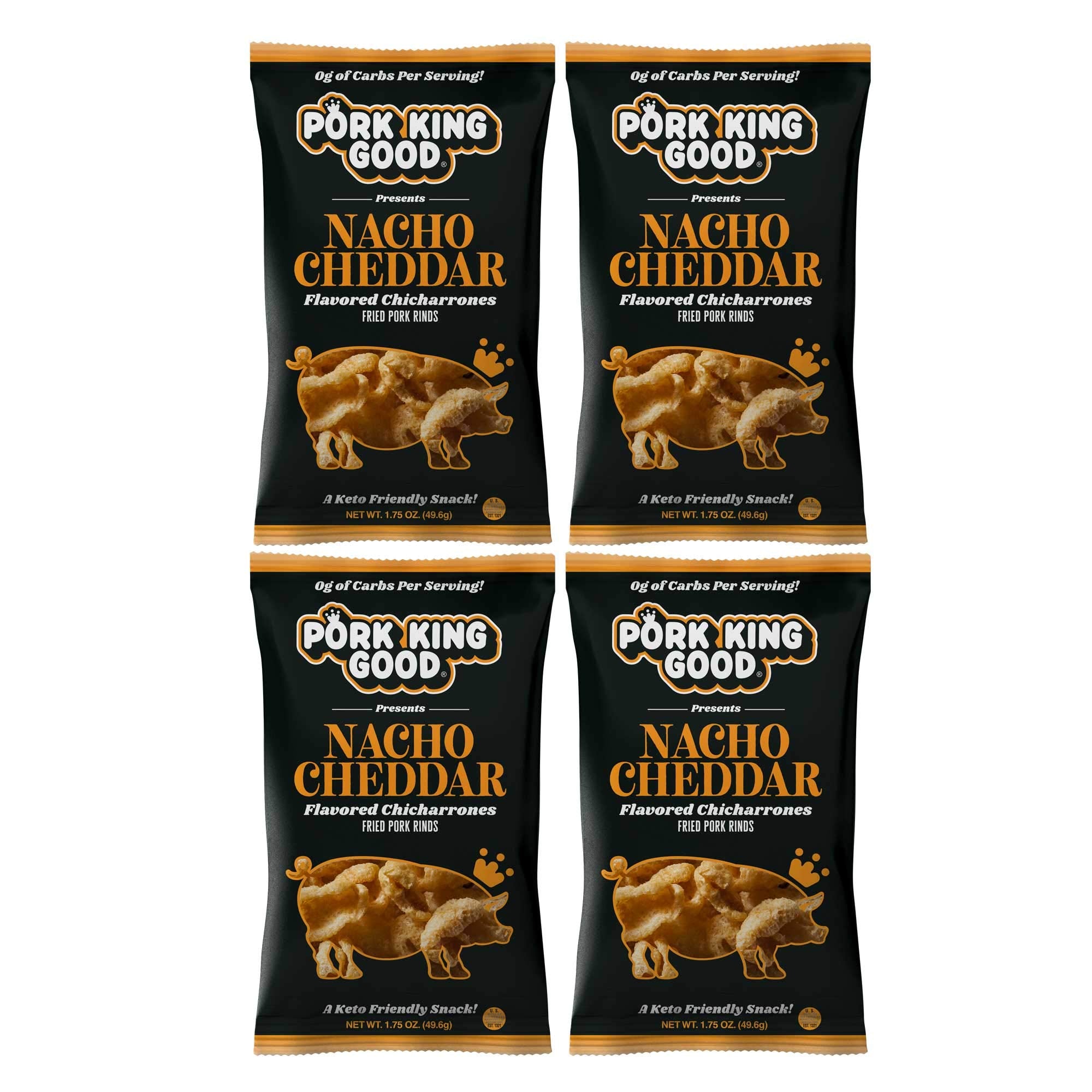 Pork King Good Nacho Cheddar pork rinds ready-to-serve pack, shareable snack.