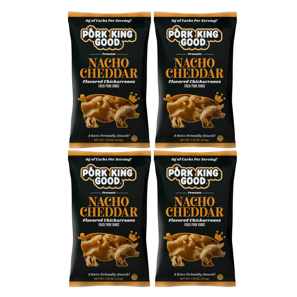 Pork King Good Nacho Cheddar pork rinds ready-to-serve pack, shareable snack.
