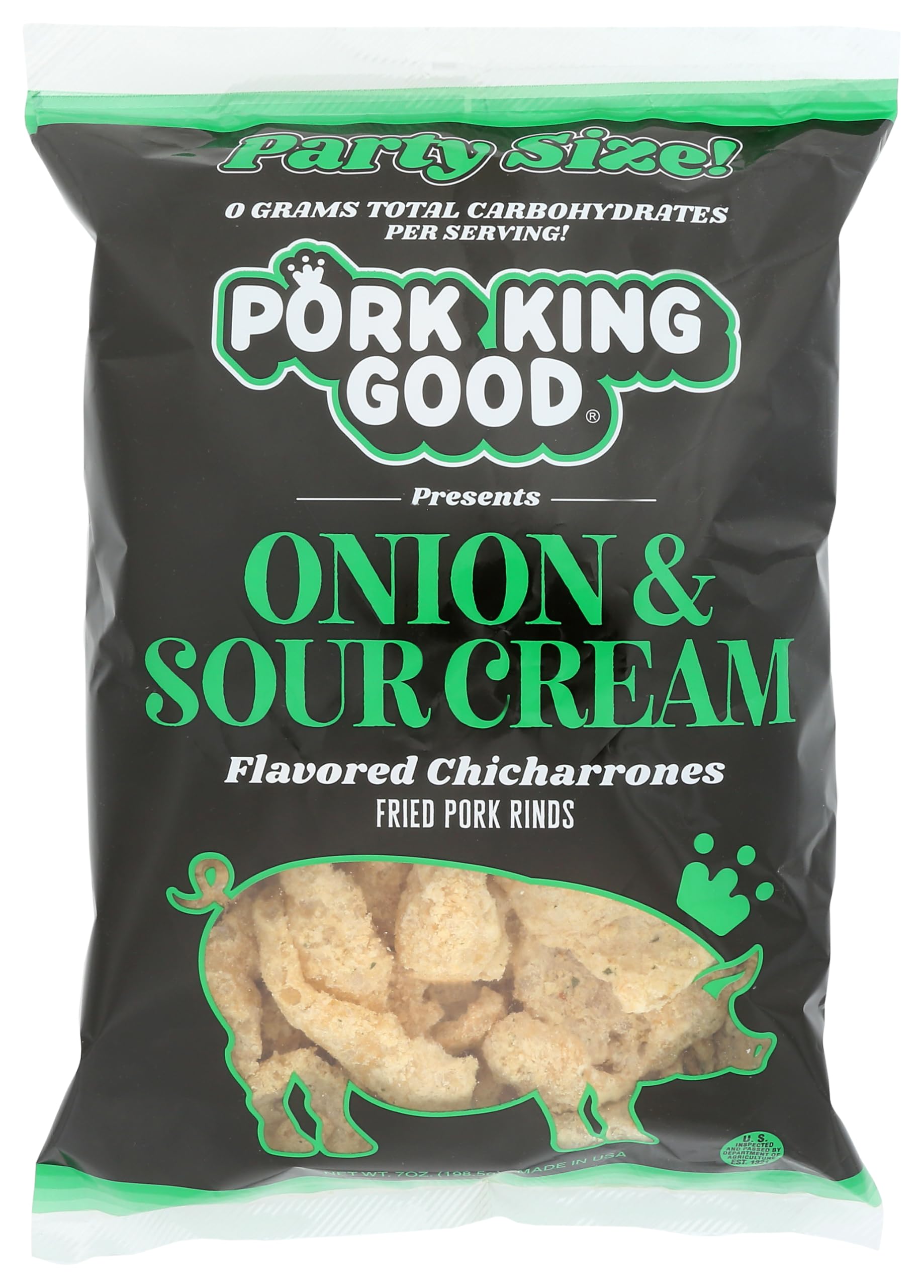 Pork King Good Onion & Sour Cream pork rinds in a 7 oz bag, a keto-friendly snack.