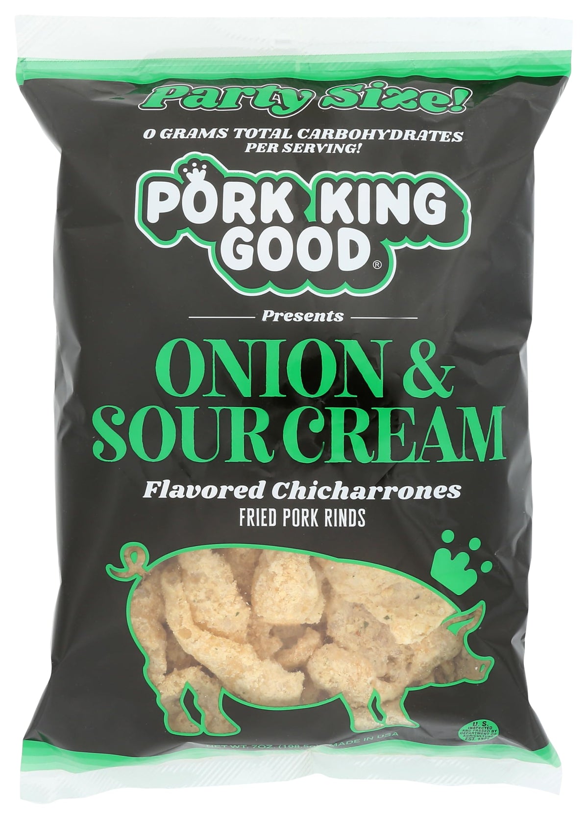 Pork King Good Onion & Sour Cream pork rinds in a 7 oz bag, a keto-friendly snack.