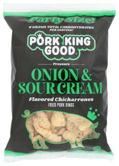 Pork King Good Onion & Sour Cream pork rinds in a 7 oz bag, a keto-friendly snack.