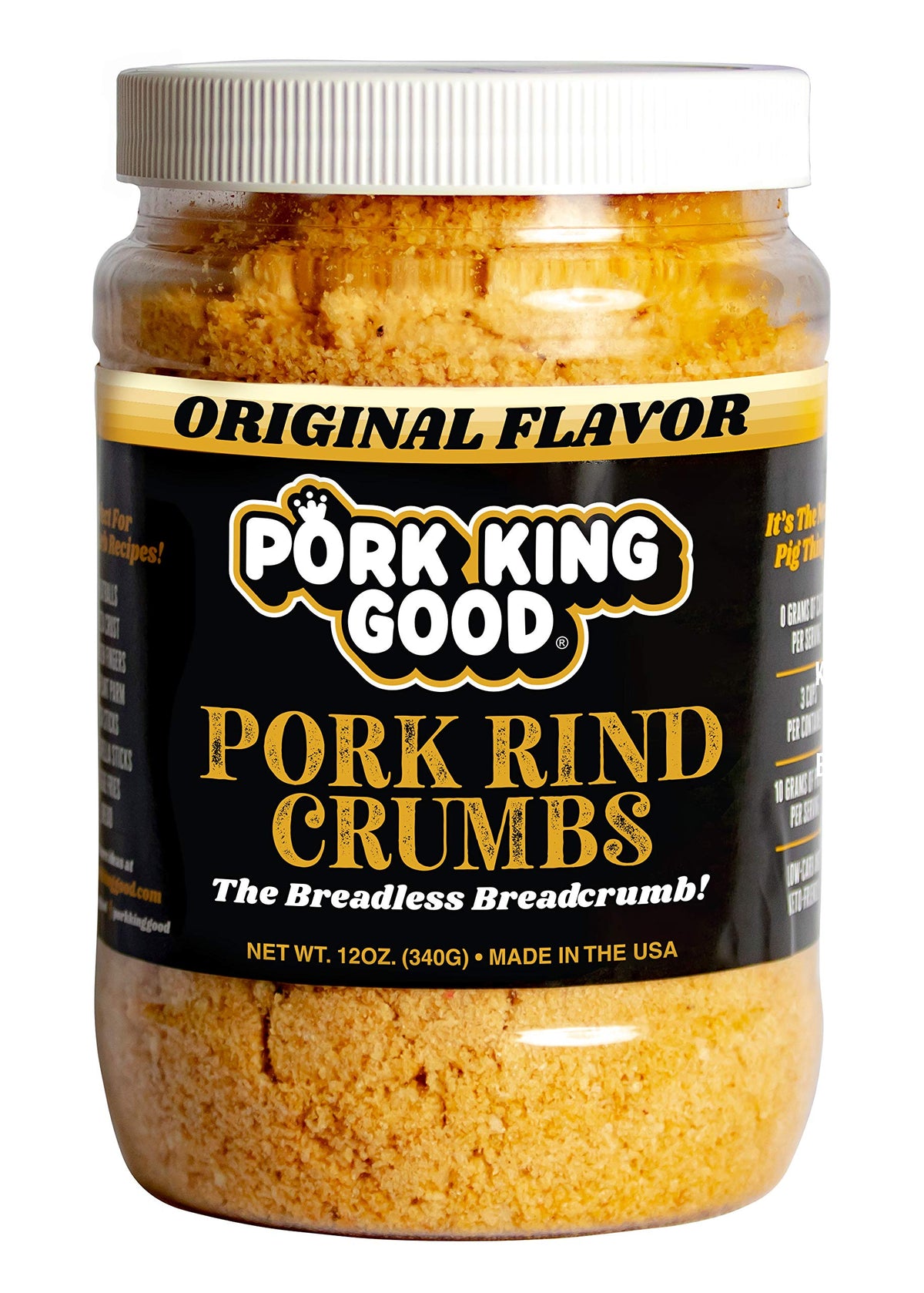 Pork King Good Original pork rind breadcrumbs in a jar for keto-friendly cooking