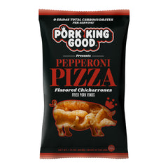 Pork King Good Pepperoni Pizza Pork Rinds bag showing crispy texture for keto snacking.