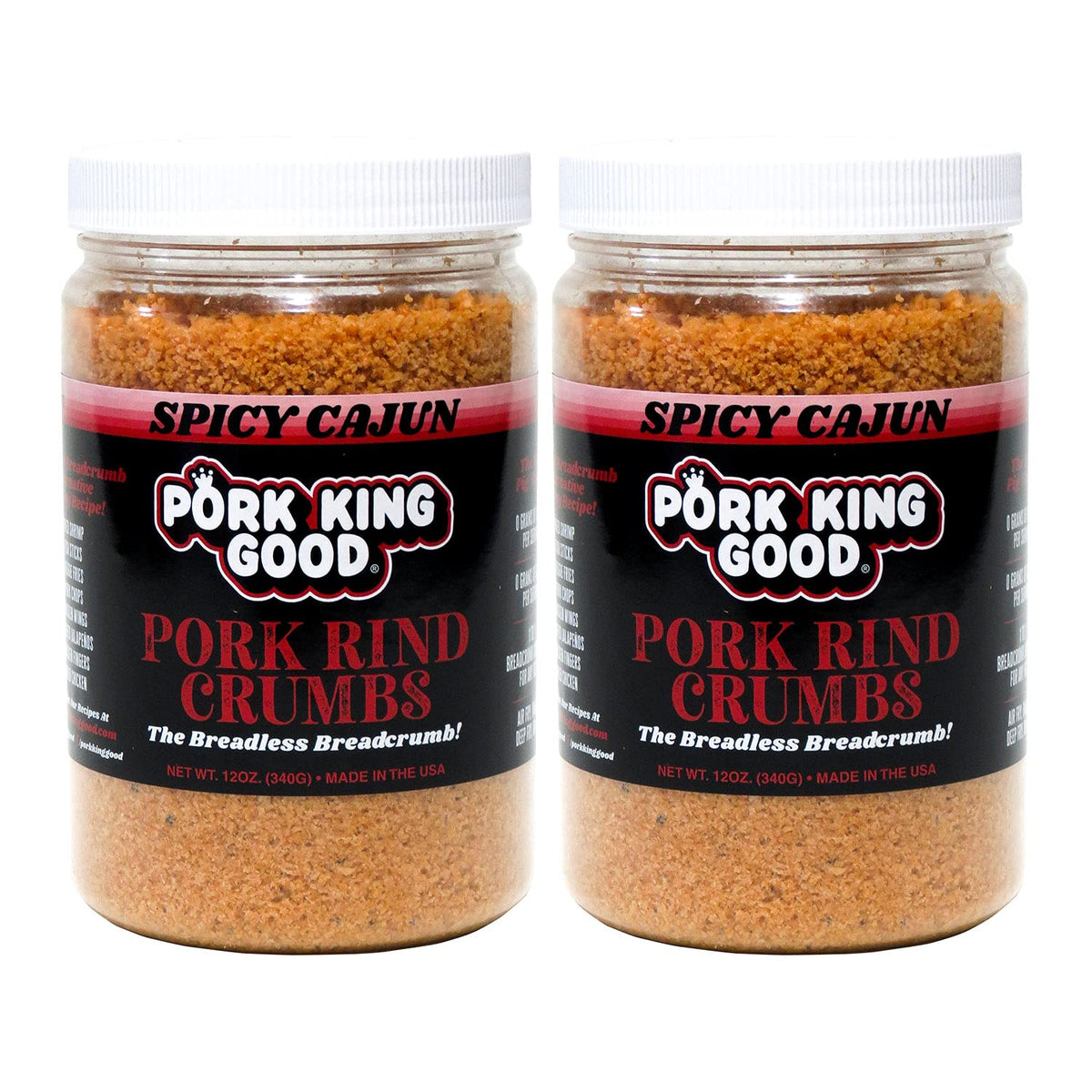 Pork King Good pork rind breadcrumbs jar close-up, zero-carb ingredient option.