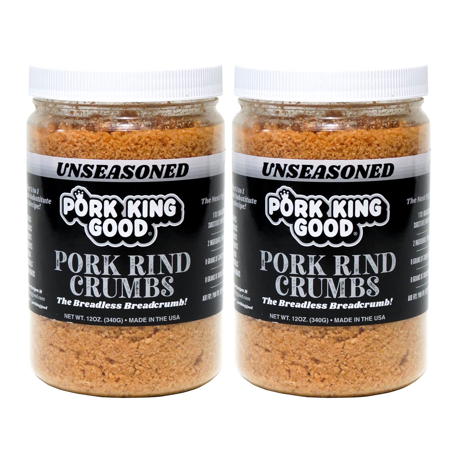 Pork King Good pork rind crumbs jar close-up for keto-friendly breading