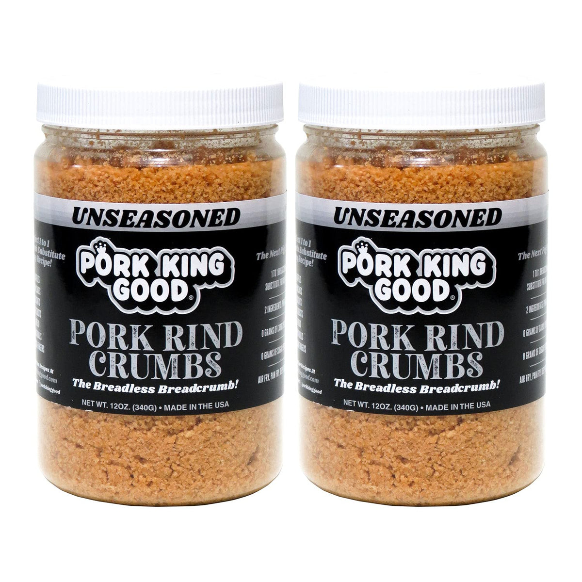 Pork King Good pork rind crumbs jar close-up for keto-friendly breading
