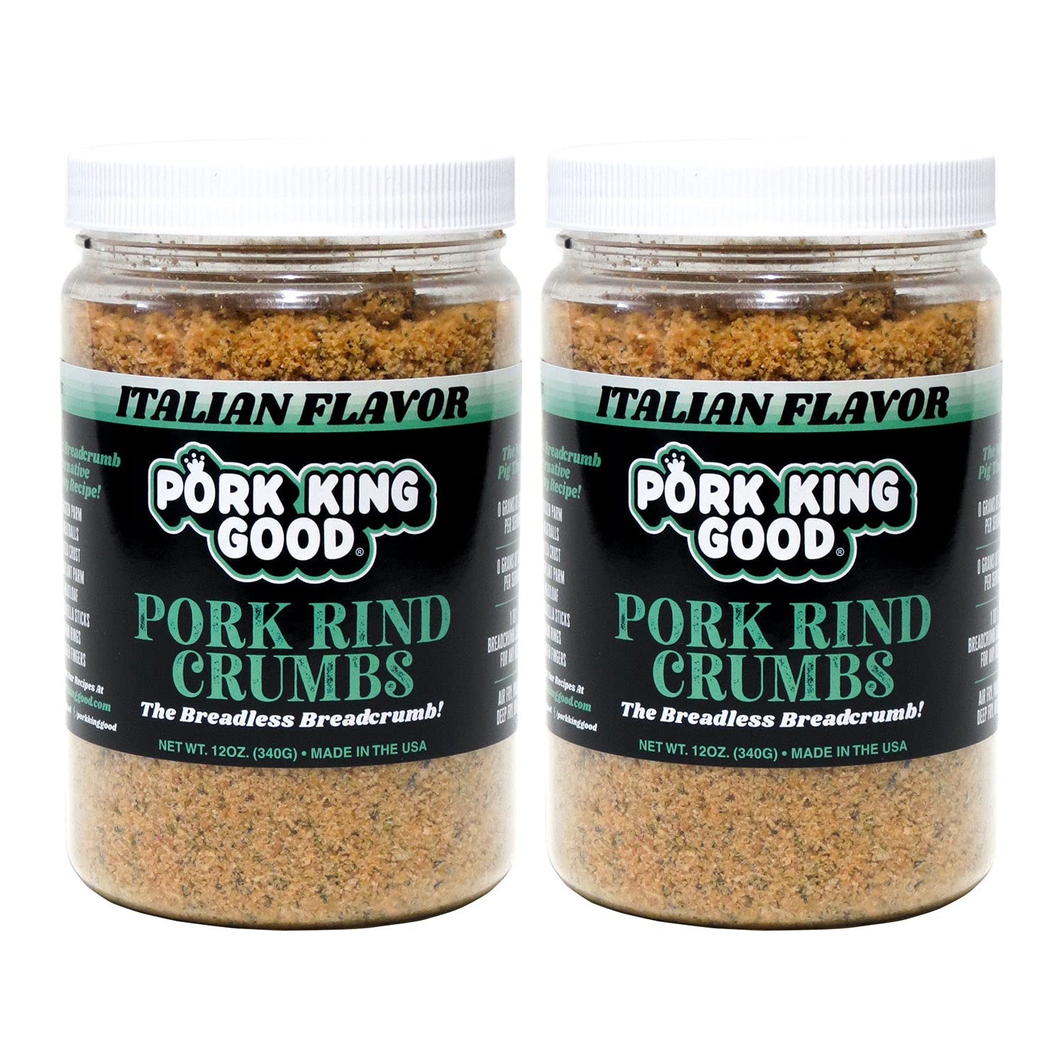 Pork King Good pork rind crumbs jar front showcases zero-carb breading base.